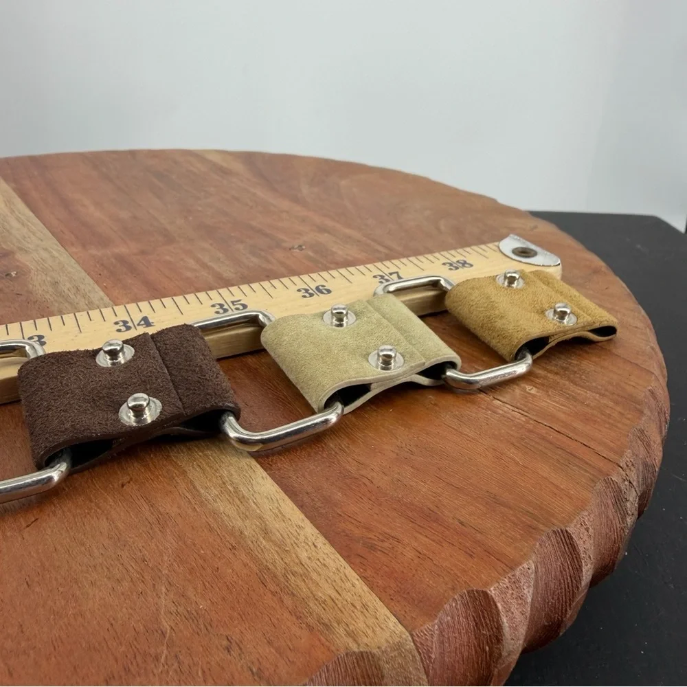 Vintage Suede Leather Hippie Boho Chic Belt Square Links Snaps Rivets fits 34-38